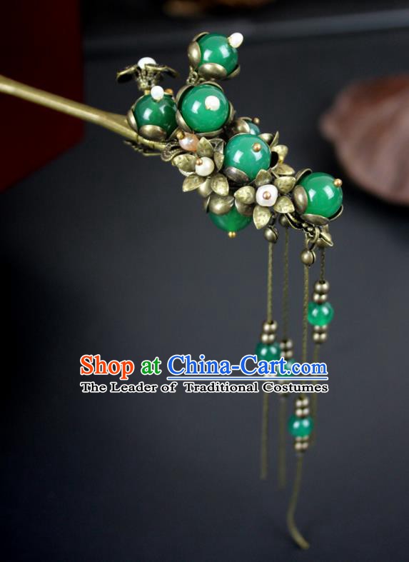 Chinese Ancient Handmade Hair Accessories Classical Hairpins Green Beads Hair Clip for Women