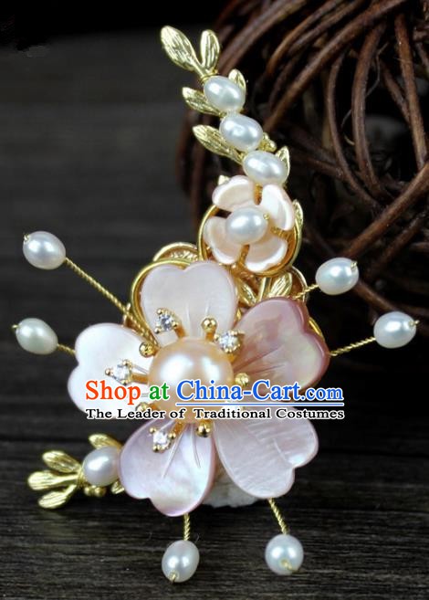 Chinese Ancient Handmade Accessories Pink Shell Flower Brooch Hanfu Breastpin for Women