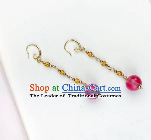 Chinese Ancient Handmade Accessories Pink Beads Tassel Earrings for Women