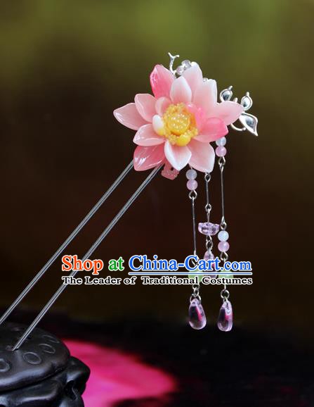 Chinese Ancient Handmade Hair Accessories Hairpins Classical Hanfu Pink Flowers Step Shake for Women