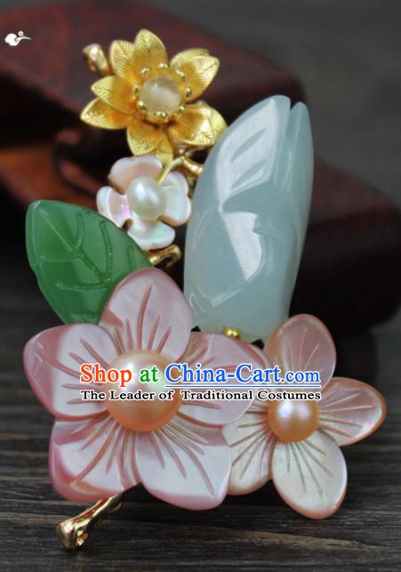 Chinese Ancient Handmade Accessories Jade Cicada Flowers Brooch for Women