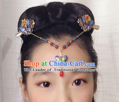 Chinese Ancient Handmade Hair Accessories Blueing Hair Clasp Classical Hanfu Butterfly Frontlet Hairpins for Women