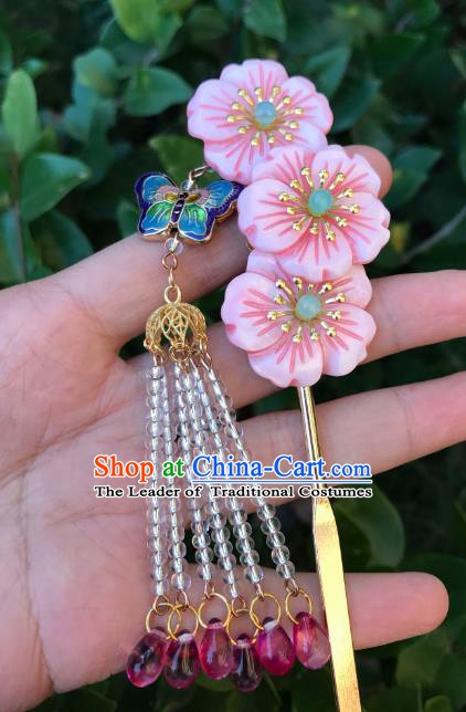 Chinese Ancient Handmade Hair Accessories Pink Flowers Tassel Step Shake Classical Hanfu Hairpins for Women