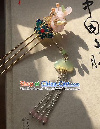 Chinese Ancient Hanfu Handmade Blueing Lotus Tassel Hairpins Hair Accessories Hair Clip for Women