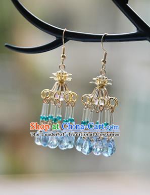 Chinese Handmade Ancient Jewelry Accessories Eardrop Hanfu Blue Beads Tassel Earrings for Women