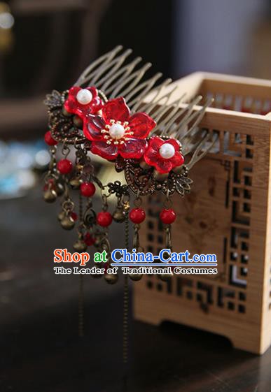 Chinese Ancient Handmade Hanfu Classical Hairpins Red Flowers Hair Comb Palace Lady Hair Accessories for Women