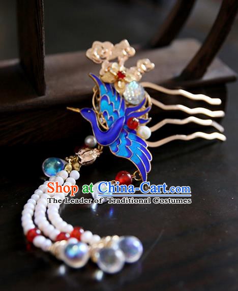 Chinese Ancient Handmade Hanfu Classical Tassel Hairpins Palace Lady Blueing Hair Comb Hair Accessories for Women