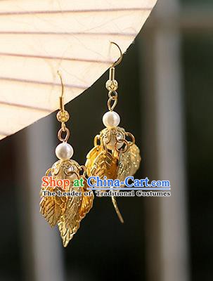 Chinese Handmade Ancient Jewelry Accessories Golden Leaf Eardrop Hanfu Earrings for Women