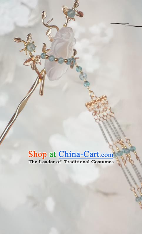 Chinese Ancient Handmade Tassel Step Shake Hanfu Jade Hairpins Hair Accessories for Women