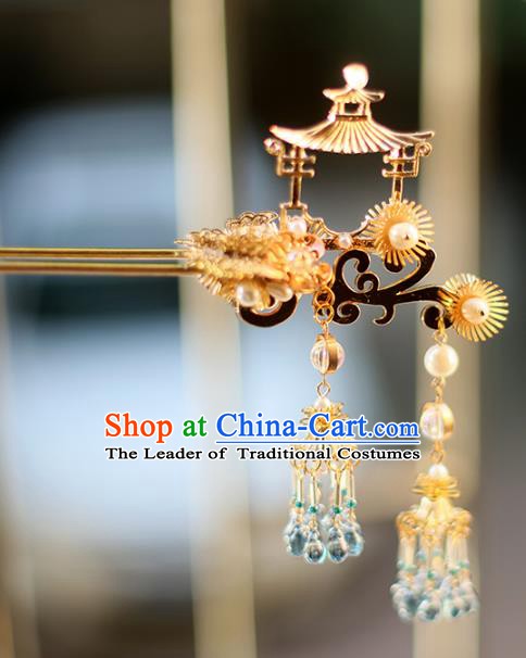 Chinese Ancient Hanfu Handmade Golden Pavilion Hairpins Tassel Hair Clip Hair Accessories for Women