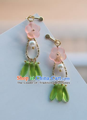 Chinese Handmade Ancient Jewelry Accessories Pink Flower Eardrop Hanfu Earrings for Women