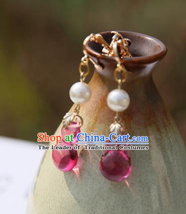 Chinese Handmade Ancient Jewelry Accessories Rosy Beads Eardrop Hanfu Earrings for Women