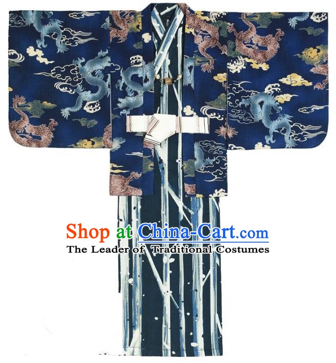 Traditional Asian Japan Costume Japanese Prince Kimono Blue Yukata Haori Hakama Clothing for Men