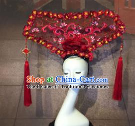 Top Grade China Catwalks Hair Accessories Qing Dynasty Red Headwear Stage Performance Headdress for Women