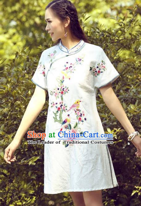 Traditional China National Costume Tang Suit White Qipao Dress Chinese Embroidered Peony Cheongsam for Women