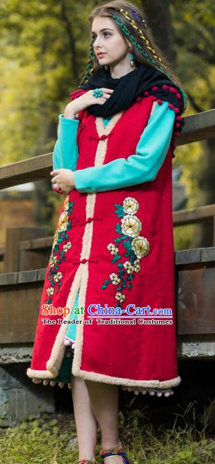 Traditional China National Costume Tang Suit Cotton-padded Vests Chinese Embroidered Long Waistcoat for Women