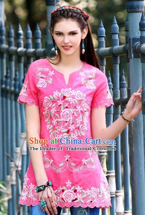 Traditional China National Costume Tang Suit Blouse Chinese Embroidered Rosy Shirts for Women