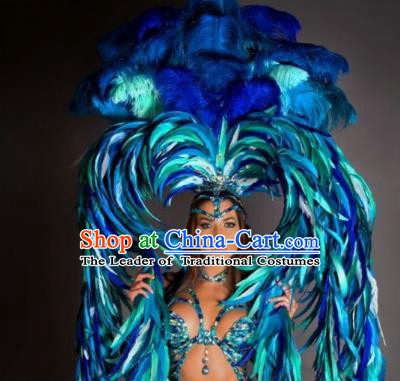 Top Grade Brazilian Carnival Costumes Halloween Feather Accessories Blue Feather Headdresses Miami Stage Performance Feathers Wings for Women