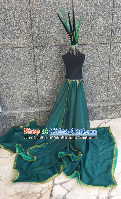 Top Grade Children Stage Performance Costume Catwalks Green Bikini Dress and Headwear for Kids