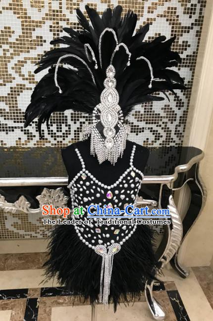 Top Grade Children Stage Performance Costume Catwalks Black Feather Bikini Dress and Headwear for Kids