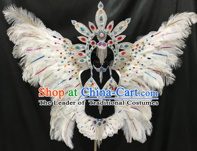 Top Grade Children Stage Performance Costume Catwalks White Butterfly Feather Wings Bikini and Headwear for Kids