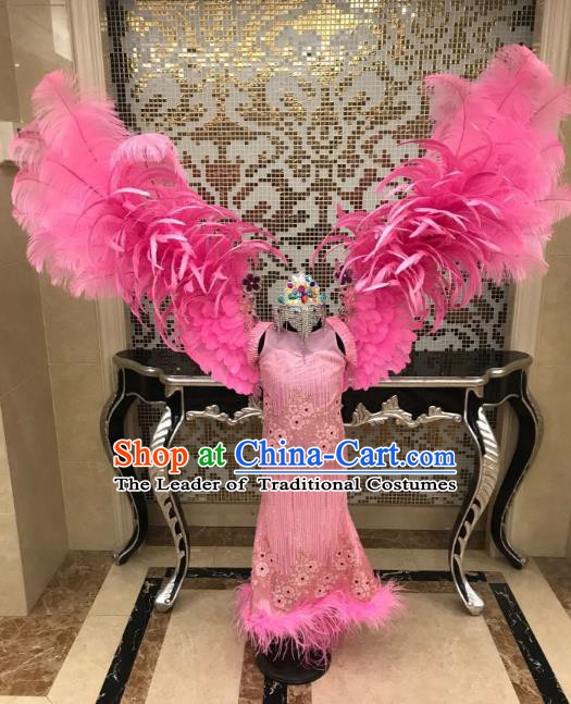 Top Grade Children Stage Performance Costume Catwalks Pink Dress and Feather Wings for Kids