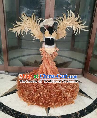 Top Grade Children Stage Performance Costume Modern Dance Brown Feather Bikini Dress and Wings for Kids