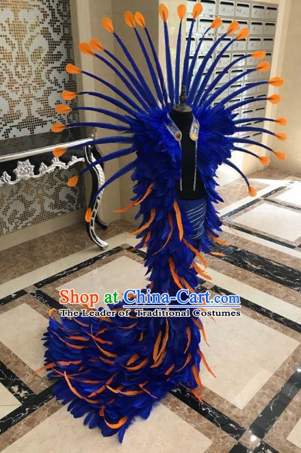 Top Grade Children Stage Performance Costume Catwalks Bikini Mullet Dress and Blue Feather Wings for Kids