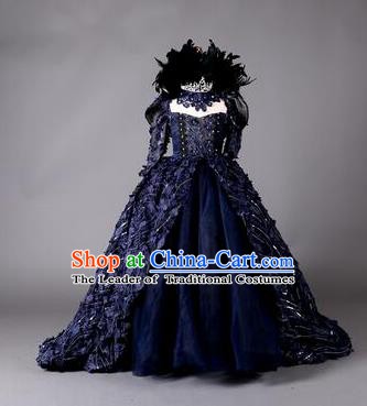 Top Grade Children Stage Performance Costume Girls Blue Dress Catwalks Queen Clothing for Kids