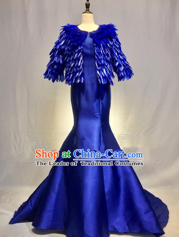 Top Grade Stage Performance Costume Modern Dance Blue Feather Mermaid Dress Catwalks Full Dress for Women