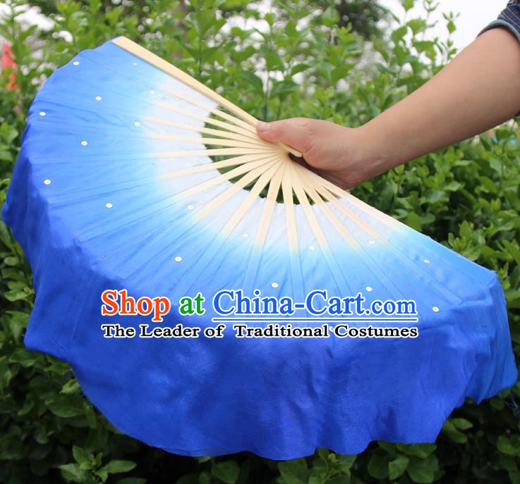 Top Grade Chinese Folk Dance Folding Fans Dance Fans Yangko Deep Blue Silk Fans for Women