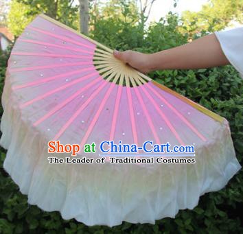 Top Grade Chinese Folk Dance Gradient Pink Folding Fans Yangko Dance Silk Ribbon Fan for Women