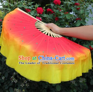 Chinese Handmade Folk Dance Folding Fans Yangko Dance Red and Yellow Silk Ribbon Fan for Women