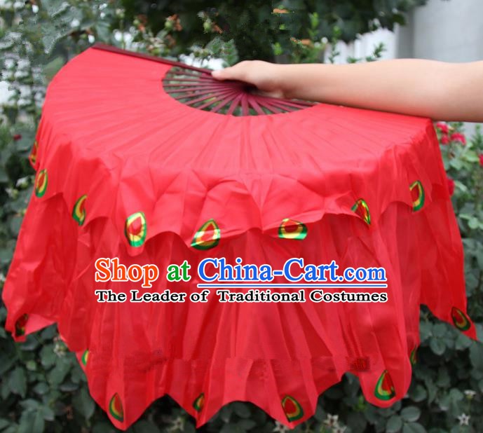 Chinese Handmade Folk Dance Peacock Folding Fans Yangko Dance Red Silk Ribbon Fan for Women