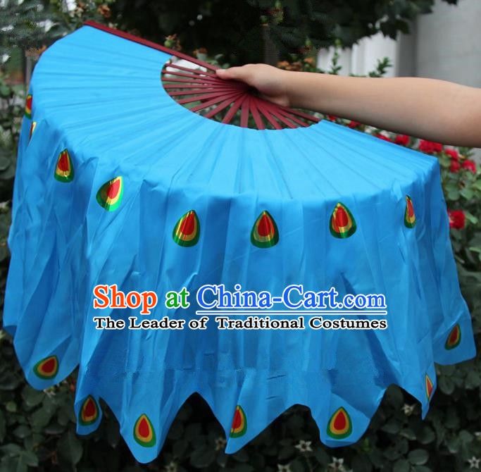 Chinese Handmade Folk Dance Peacock Folding Fans Yangko Dance Blue Silk Ribbon Fan for Women