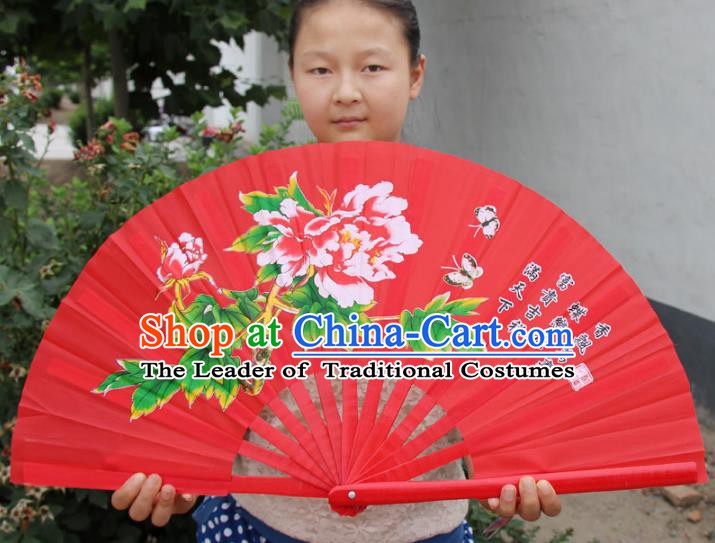 Chinese Handmade Folk Dance Folding Fans Yangko Dance Printing Peony Tai Chi Red Fan for Women