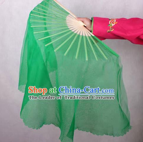 Chinese Handmade Folk Dance Green Ribbon Folding Fans Yangko Dance Classical Fans for Women