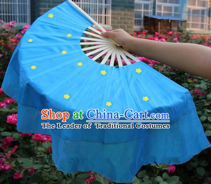 Chinese Handmade Folk Dance Blue Silk Folding Fans Yangko Dance Classical Dance Fans for Women