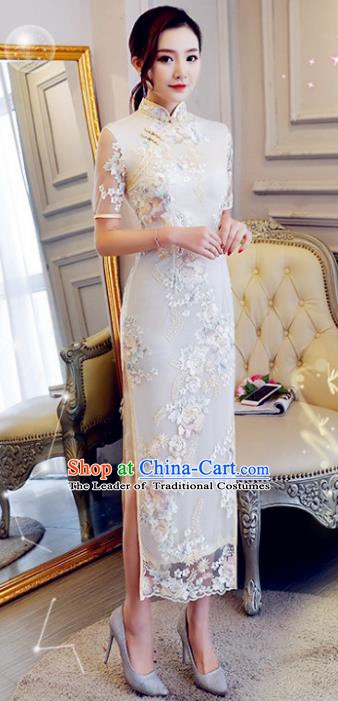 Chinese Traditional Elegant Cheongsam Embroidery White Qipao Dress National Costume for Women