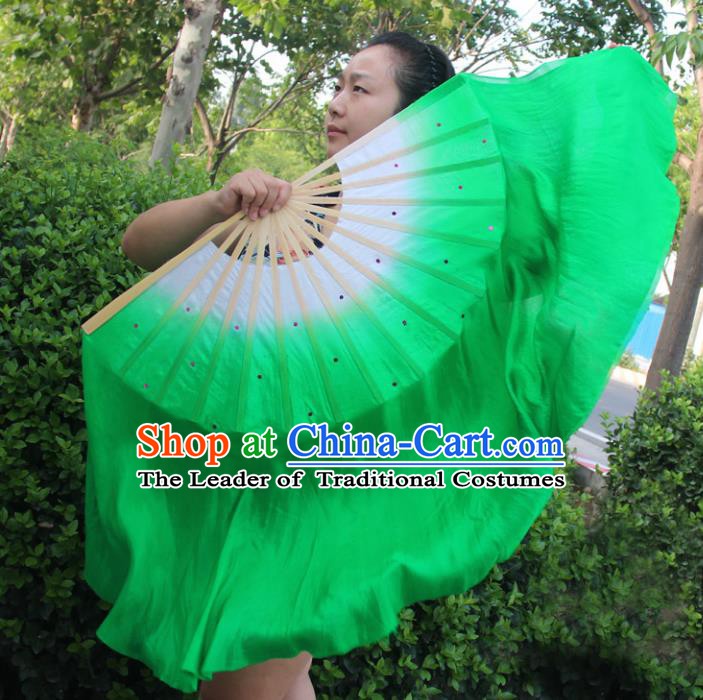 Chinese Handmade Folk Dance Ribbons Folding Fans Yangko Dance Classical Dance Green Fans for Women