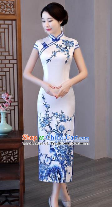 Chinese Traditional Printing White Elegant Cheongsam National Costume Silk Qipao Dress for Women