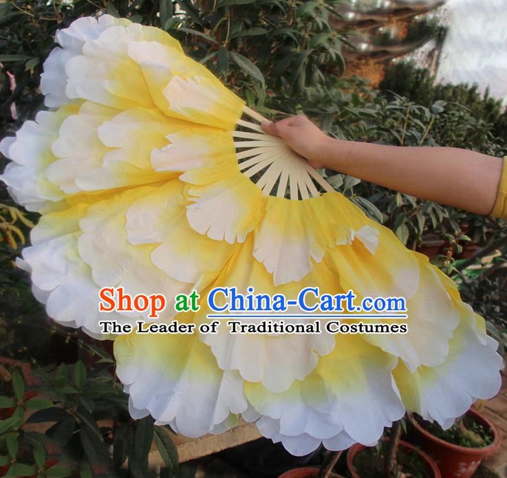 Chinese Handmade Folk Dance Folding Fans Yangko Dance Classical Dance Yellow Peony Fans for Women