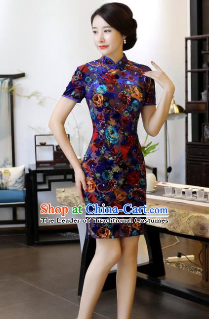 Chinese Traditional Elegant Royalblue Velvet Cheongsam National Costume Short Qipao Dress for Women