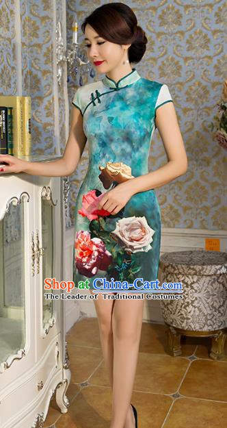 Chinese Traditional Elegant Printing Rose Green Cheongsam National Costume Qipao Dress for Women