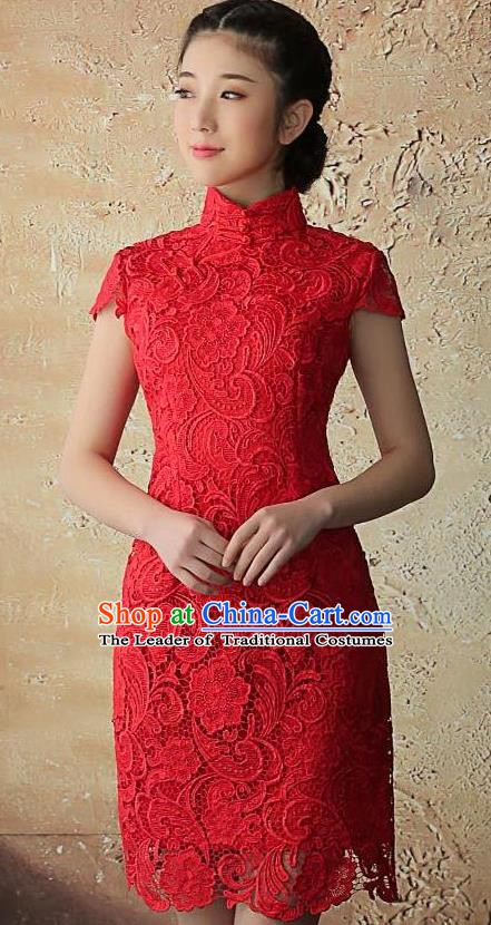 Chinese Traditional Elegant Retro Red Lace Cheongsam National Costume Qipao Dress for Women
