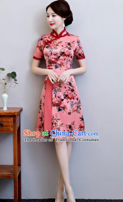 Chinese Traditional Elegant Pink Watered Gauze Cheongsam National Costume Printing Qipao Dress for Women