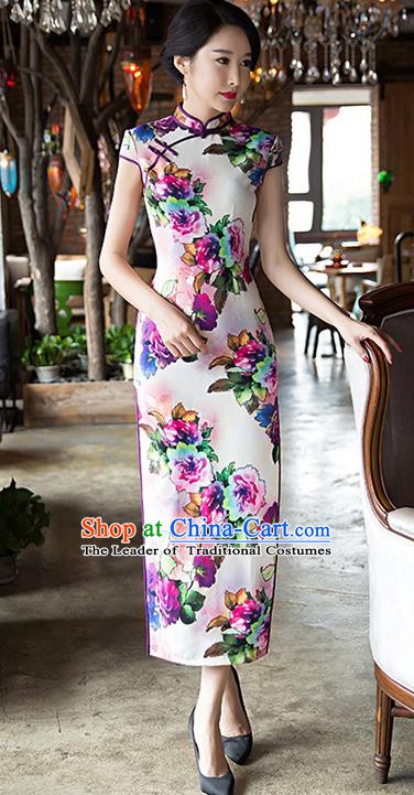 Chinese Traditional Elegant Silk Cheongsam National Costume Printing Flowers Qipao Dress for Women