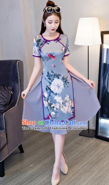 Chinese Traditional Elegant Printing Blue Cheongsam National Costume Retro Qipao Dress for Women