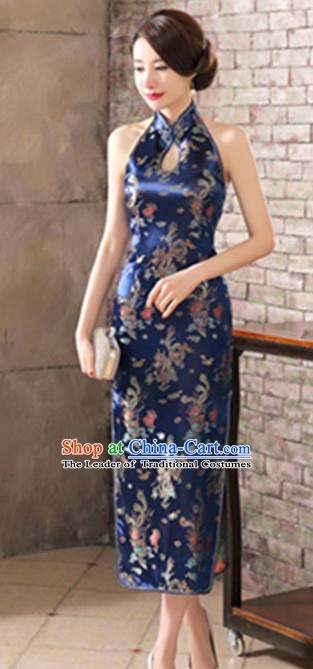 Top Grade Chinese National Costume Elegant Phoenix Brocade Cheongsam Tang Suit Royalblue Qipao Dress for Women