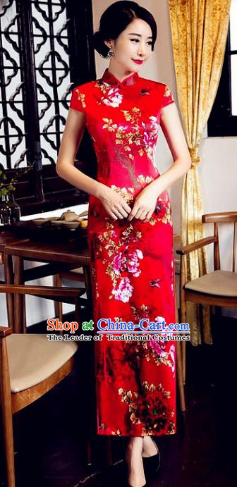 Top Grade Chinese National Costume Elegant Printing Peony Brocade Cheongsam Tang Suit Qipao Dress for Women